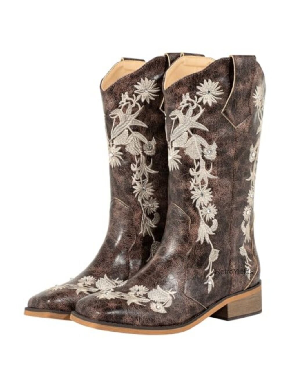 Floral Embroidered Square Toe Cowboy Boots Faux Leather Wide Calf